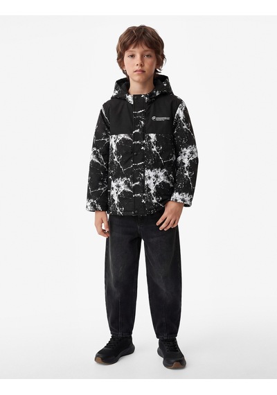 Koton Polar Astarlı Uzun Kollu Baskılı Oversize Kapüşonlu Mont Siyah 7wkb00018tw