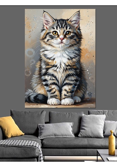 Ahşap Tablo Oturan Sevimli Tekir Kedi