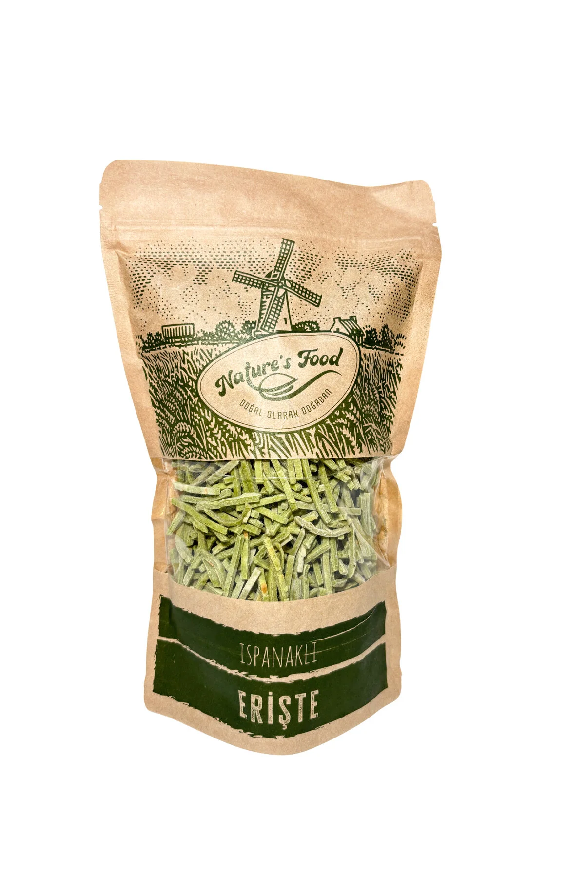 Ispanaklı Erişte 400gr Buğday Unu, Süt, Ispanak Püresi, Yumurta, Irmik, Tuz.