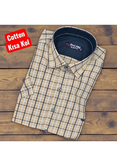 Slim Fit Ekose Pamuklu Kısa Kollu Cepsiz Gömlek Slim Fit Kalıp Bej