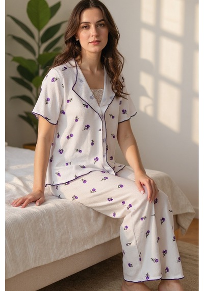 Bella Notte Romantik Pamuklu Lale Desenli Dantel Detaylı Yazlık Pijama Takımı Mor