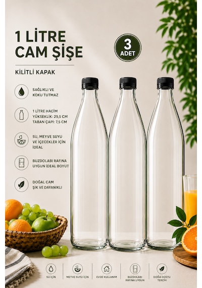 3 Adet Siyah Plastik Kapaklı Cam Şişe 1 Litre Şeffaf Sürahi Süt, Ayran, Su, Limonata Meşrubat Şişesi