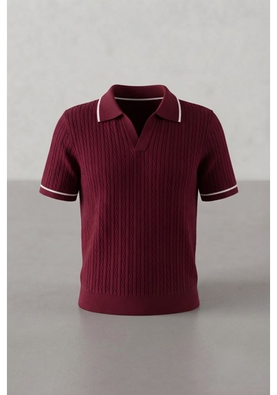 Rovebella Incanto Polo Yaka Saç Örgü Bordo Triko Bluz