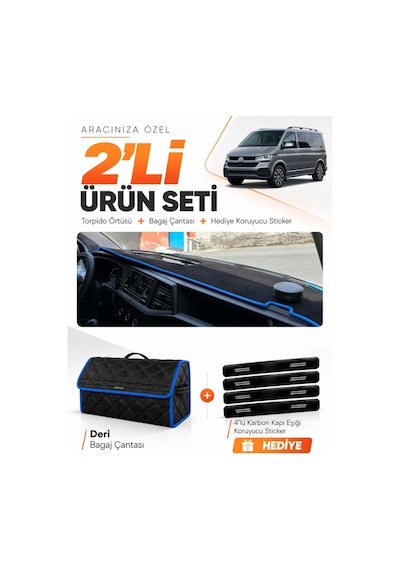 Volkswagen Transporter T7 2021-2024 Uyumlu Torpido Örtüsü + Deri Bagaj Çantası Seti - Siyah Mavi