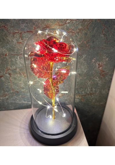 Premium Kristal Solmayan Gül Işıklı Cam Fanus - Kırmızı