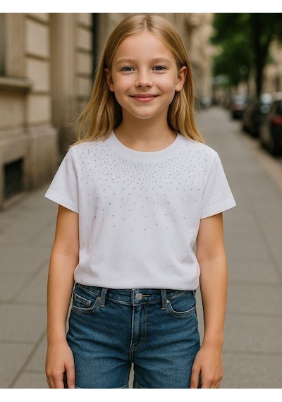 Zekids Kız Çocuk Taş İşlemeli Pamuklu T-shirt-16310 Ekru