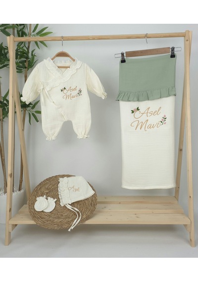 Gros Shop Müslin Yeni Doğan 4katlı Organik %100pamuk Kişiye Özgü Nakışlı Hastane Çıkış Seti Güllü Model-5 Ekru-2