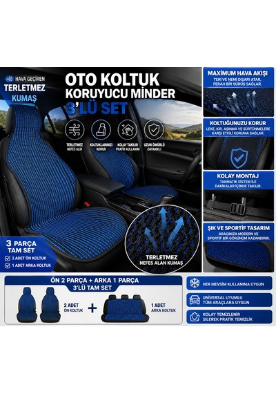 Oto Koltuk Koruyucu Minder 3 Lü Set Terletmez Kumaş Ön 2 Arka 1 Parça Mavi