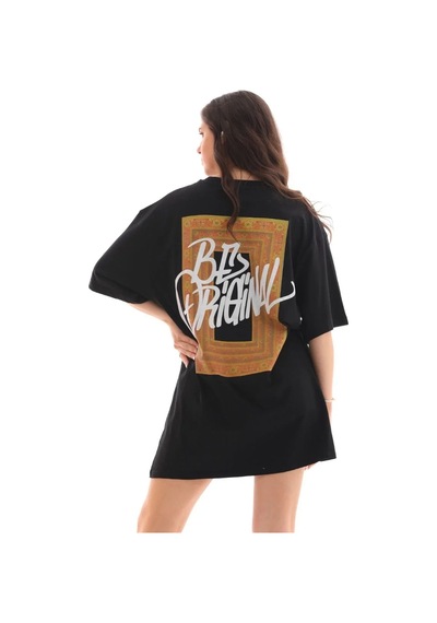 Kadın Baskılı T-shirt Kısa Kol Bisiklet Yaka Oversize Rahat Kalıp Tişört - Siyah
