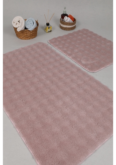 Modern Bubble Yıkanabilir Kaymaz Peluş Banyo Paspası Halısı 2'li Klozet Takımı 50x80-50x40cm Pembe