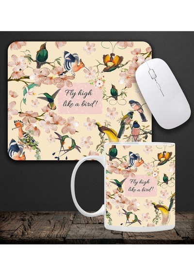 Kuşlu Kupa & Fly High Like A Bird Tasarım Kuş Motifli Mouse Pad 23x19cm Fare Altlığı Kaydırmaz Taba Mousepad
