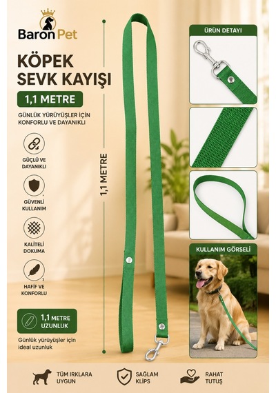Köpek Sevk Kayışı 1,1 Metre Yeşil Dokuma Metal Klipsli Tüm Irklar İçin Gezdirme Kayışı