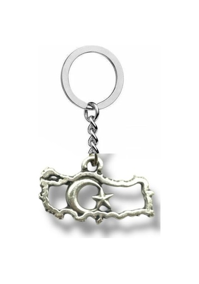 Türkiye Haritası Ve Ay Yıldız Figürlü Metal Anahtarlık Gümüş Renk Unisex Aksesuar