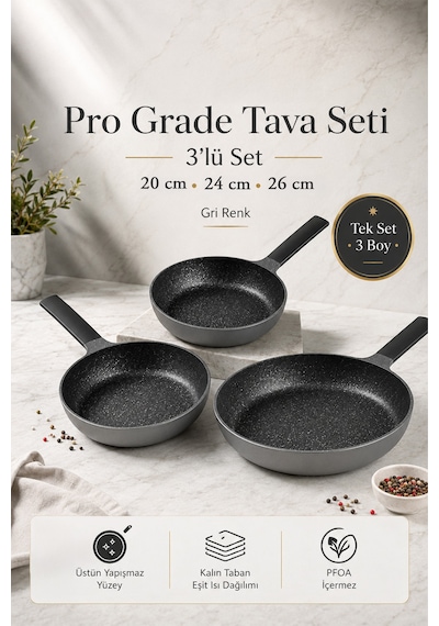Pro Grade 3 'lü Döküm Granit Yapışmaz Tava Seti 20 - 24 - 26 Cm Gri