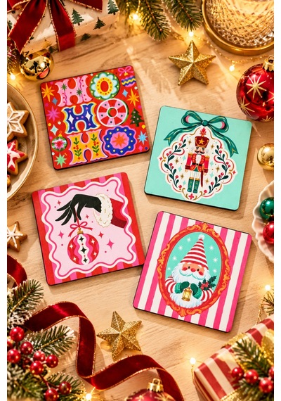 Retro Pop Art Yılbaşı Temalı 4 Lü Bardak Altlığı Set 9 Cm, 3 Mm Ahşap Mdf, Dijital Baskı - 932812043 Diğer