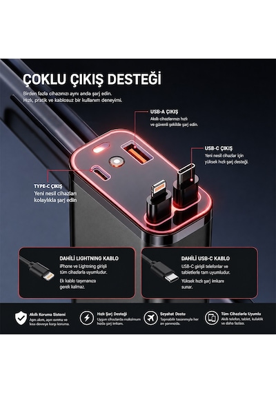 Hello Hl-29871 Araç Çakmaklık Şarj Cihazı Dahili Çekilebilir Type-c Lightning Çift Kablo Ambiyans Işıklı
