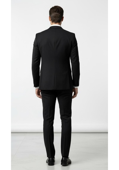 Erkek 3 Parça Slim Fit Takım Elbise Klasik Likralı Kumaş, Tek Düğme, Çift Yırtmaçlı Modern Kesim Ceket Yelek Pantolon Siyah