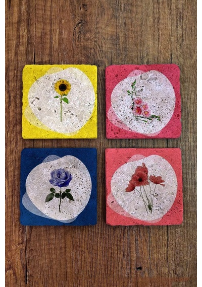 Doğal Taş Bardak Altlığı 4'lü Set - Çiçek Desenli Taş Bardak Altı - Stone Coasters Çok Renkli