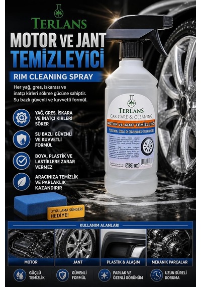 Terlans Motor Ve Jant Temizleyici 500 Ml + Uygulama Süngeri / Güçlü Yağ & Gres Çözücü Sprey / Rim Cleaner & Eng