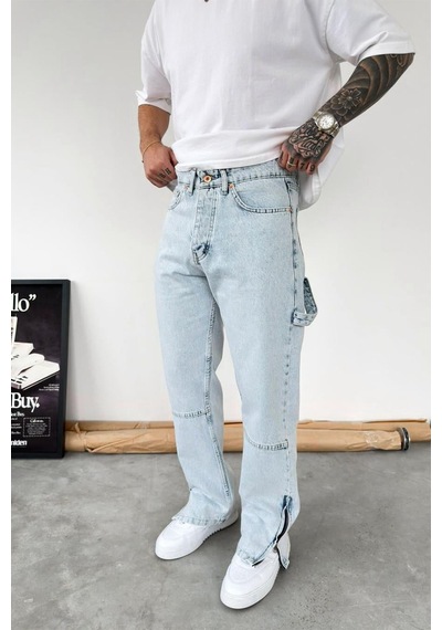Buz Mavi Paça Fermuar Detay Baggy Pantolon