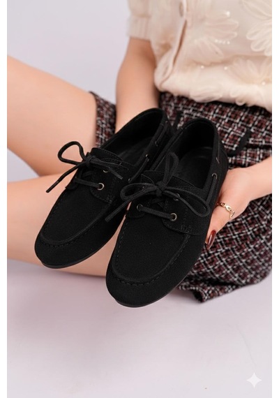 Nesilshoes Nesil Shoes Gabbel 300 Siyah Süet Bağcıklı Kadın Babet