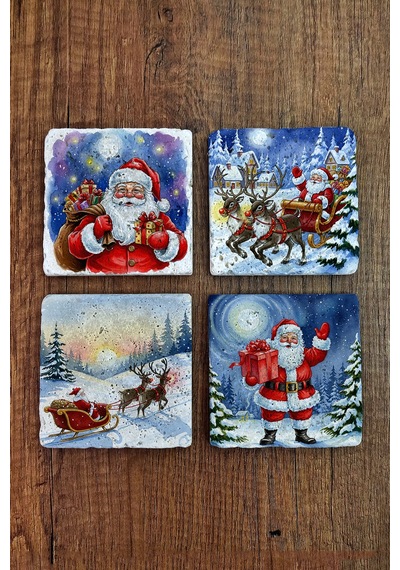 Doğal Taş Bardak Altlığı - Noel Bana- Yeni Yıl Baskılı 10x10cm Stone Coasters 489 Çok Renkli