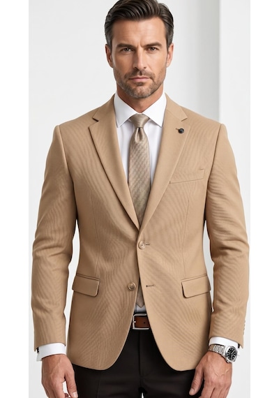 Plus Scorpion Slim Fit Pike Dokuma Erkek Blazer Ceket Modern Şık Günlük Kombin Bej