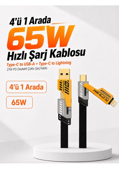 65w Hızlı Şarj Kablosu 4in1 - Araçta Kullanıma Uygun - Type-c To Usb - Type-c To Lightning 27w Pd Destekli - İphone Android Macbook Uyumlu
