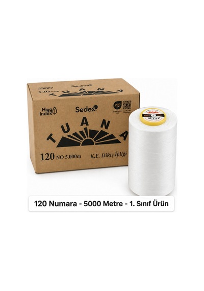 Tuana Polyester Dikiş İpliği 120 Numara 5000 Metre Beyaz Tekli Bobin Makine İpi Dikiş İpi