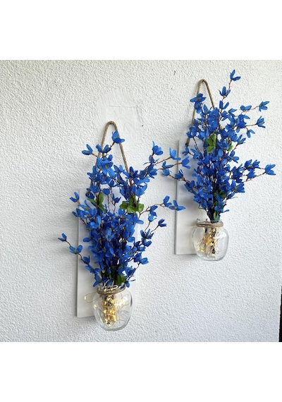 Led Işıklı, Mavi Sakura Çiçekli Duvar Dekoru Beyaz İkili Set
