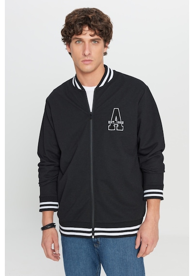 AC&Co / Altınyıldız Classics Erkek Sıyah 2 İplik Pamuklu Standart Fit Normal Kesim Fermuarlı Kolej Yaka Yan Cepli Sweatshirt Siyah