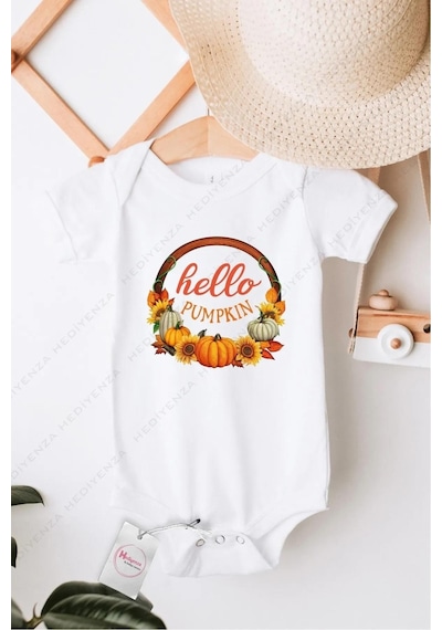 Hediyenza Hello Pupmpkin Özel Tasarım Bebek Zıbın Pamuklu Çıtçıtlı Body Beyaz