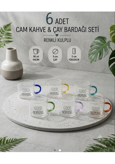 Good Morning Yazılı Renkli Kulplu 6'lı Cam Bardak Seti Beyaz