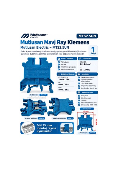 Mutlusan 2.5mm Mavi Ray Klemens Vidalı Tip 1000v 24a Mts2.5un