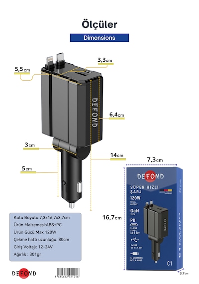 Usb C Typec Araç Şarj Aleti,4'ü 1 Arada Hızlı Şarz Araç 66w Araç Usb Şarj Cihaz Samsung Apple 120w