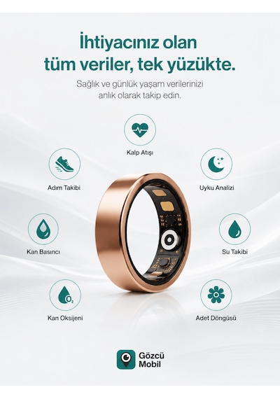 Gözcü Mobil Akıllı Yüzük Sağlık Egzersiz Takibi Adım Sayar Kalp Atışı Kan Basınç Oksijen Ölçer Su Takibi Adet Döngüsü Uyku Takibi Cihazı Suya Dayanıklı Altın Rengi