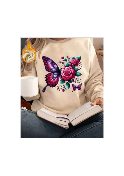 Herkesemoda Kelebek Baskı Detaylı Bisiklet Yaka Sweatshirt Bej