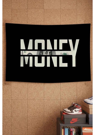 Money Dolar Yazı Temalı Siyah Dekoratif Duvar Örtüsü Duvar Halısı Beyaz