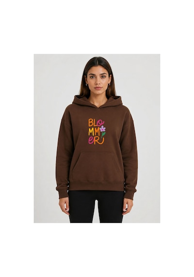 Herkesemoda Blommer Baskılı Kapüşonlu 2 İplik Şardonlu Sweatshirt Kahverengi