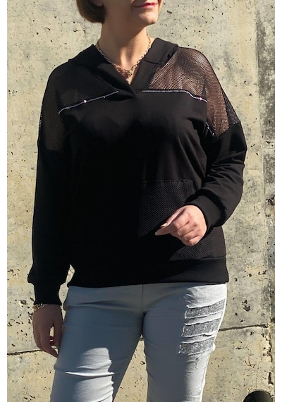 Mia Butik Kadın Siyah File Detaylı Bluz -1360 Siyah