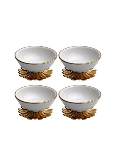 Alfafe Home 4'lü Metal Ayaklı Mini Porselen Lokumluk Beyaz Gold