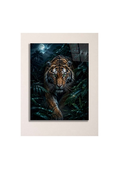 Kaplan Metal Poster Dolunay Ve Tropikal Orman Manzaralı Vahşi Hayvan Dekoratif Duvar Tablosu Çok Renkli - 938045792 Çok Renkli - 938045792 Çok Renkli
