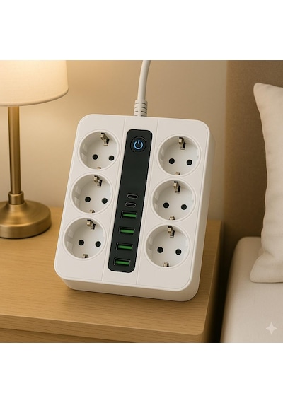6 Prizli Akım Korumalı Çoklu Priz 4 Usb Şarj Girişli Duvar Tipi Anahtarlı Güvenlik Korumalı 1 - 3 M