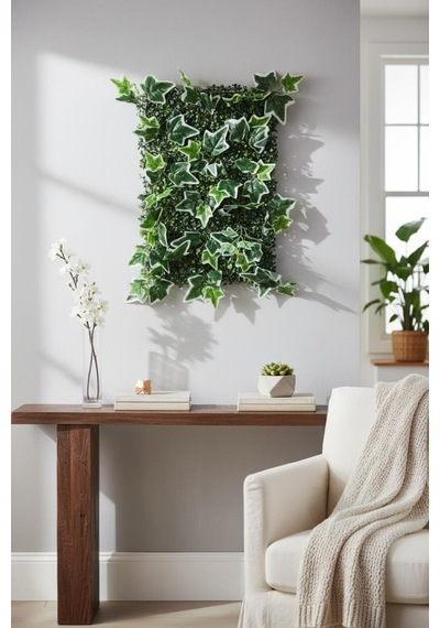 Yapay Çiçek Duvar Kaplama Panel Yeşilbeyaz Sarmaşık Hedera Tabaka 40x60cm Dik Duvar Uygulama Yeşil
