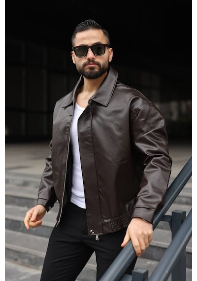 Yeni Sezon Dokulu Oversize Bol Kalıp Bomber Ceket Kahverengi Karbon Deri