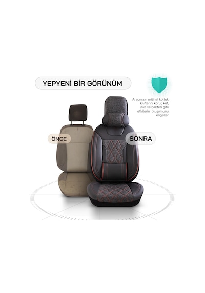 Panda Marmaris Serisi Keten Kumaş Oto Koltuk Kılıfı - Siyah - Kırmızı