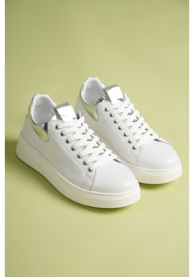 Analin Shoes Kadın Hakiki Deri Bağcıklı Casual Spor Ayakkabı Beyaz-gümüş