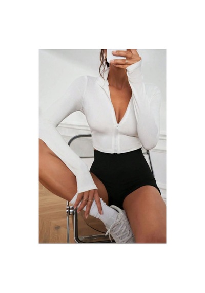 Genel Markalar Fermuarlı Uzun Kollu Parmaklık Detaylı Dik Yaka Crop Top Bluz Beyaz BEYAZ