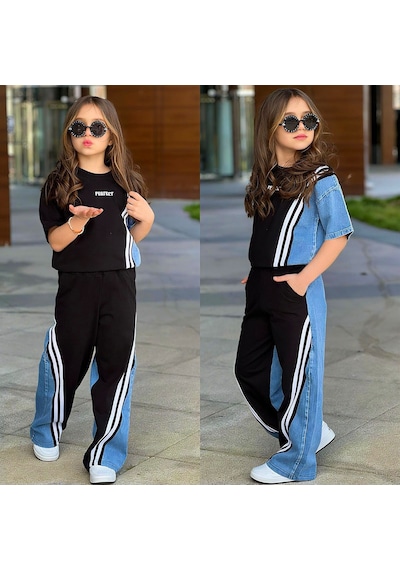 Bam Bam Perfect Kısa Kollu Kot Garnili Kız İkili Takım 5-14 Yaş -6492560 - Siyah