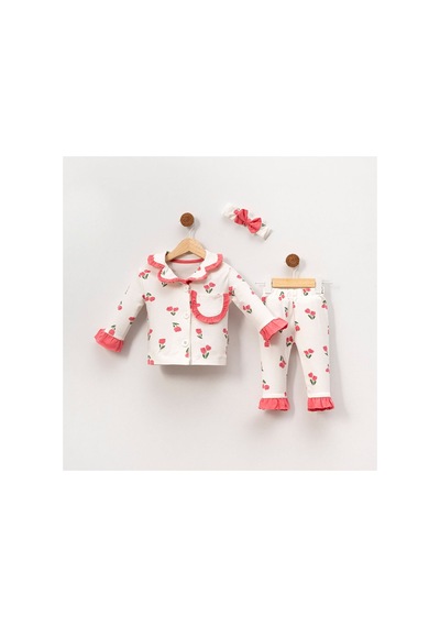 Bebegen Kız Çocuk Ekru Pembe Lale Desenli Fırfırlı Bandanalı Pijama Takımı Çok Renkli